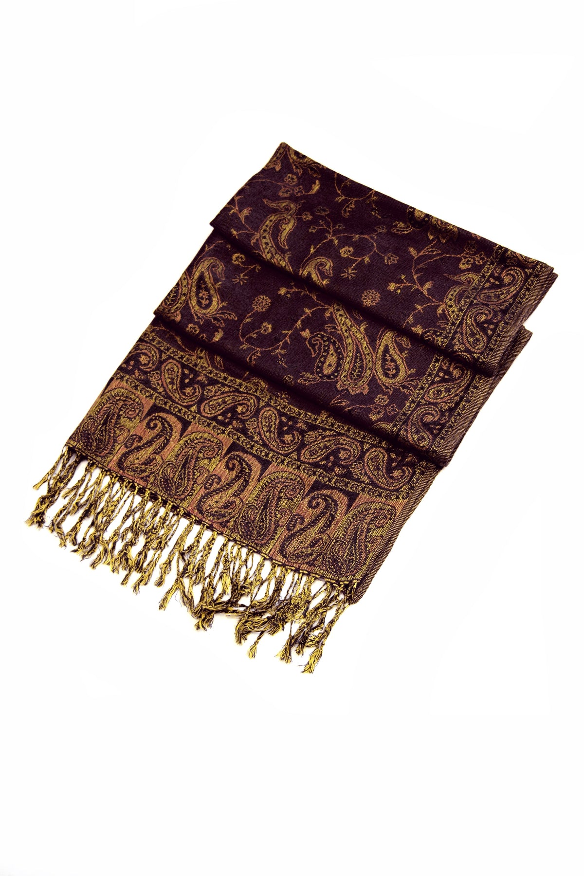 Paisley pashmina shawl in deep burgundy and gold with fringed ends