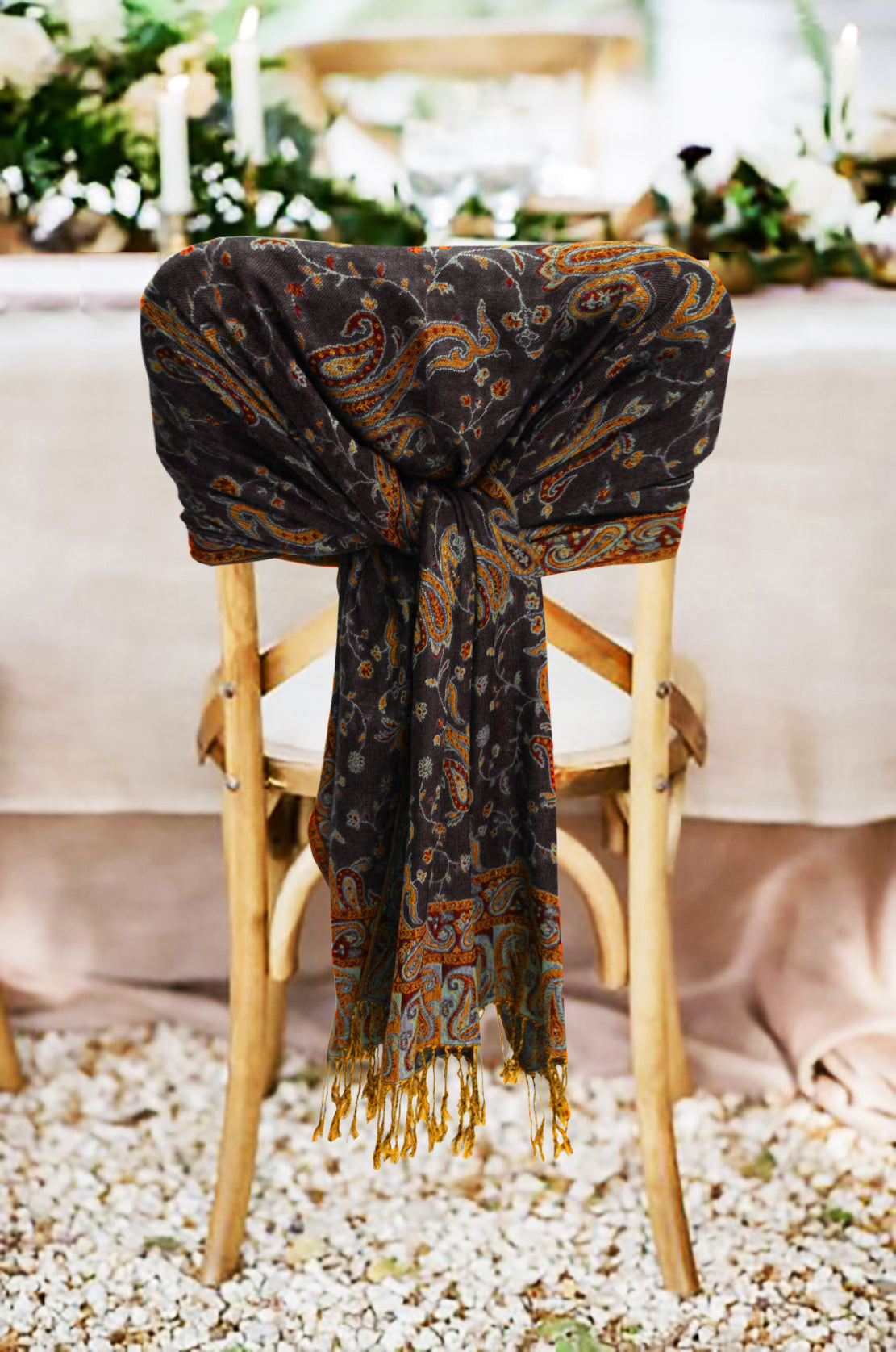 Paisley pashmina shawl in dark brown with orange accents and gold fringe