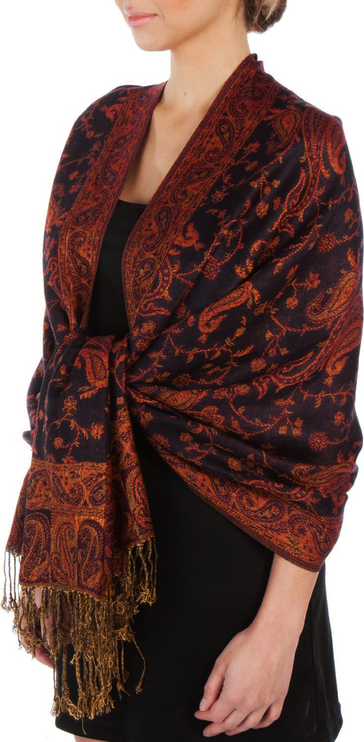 Paisley pashmina shawl in burgundy and dark tones with gold fringe edges