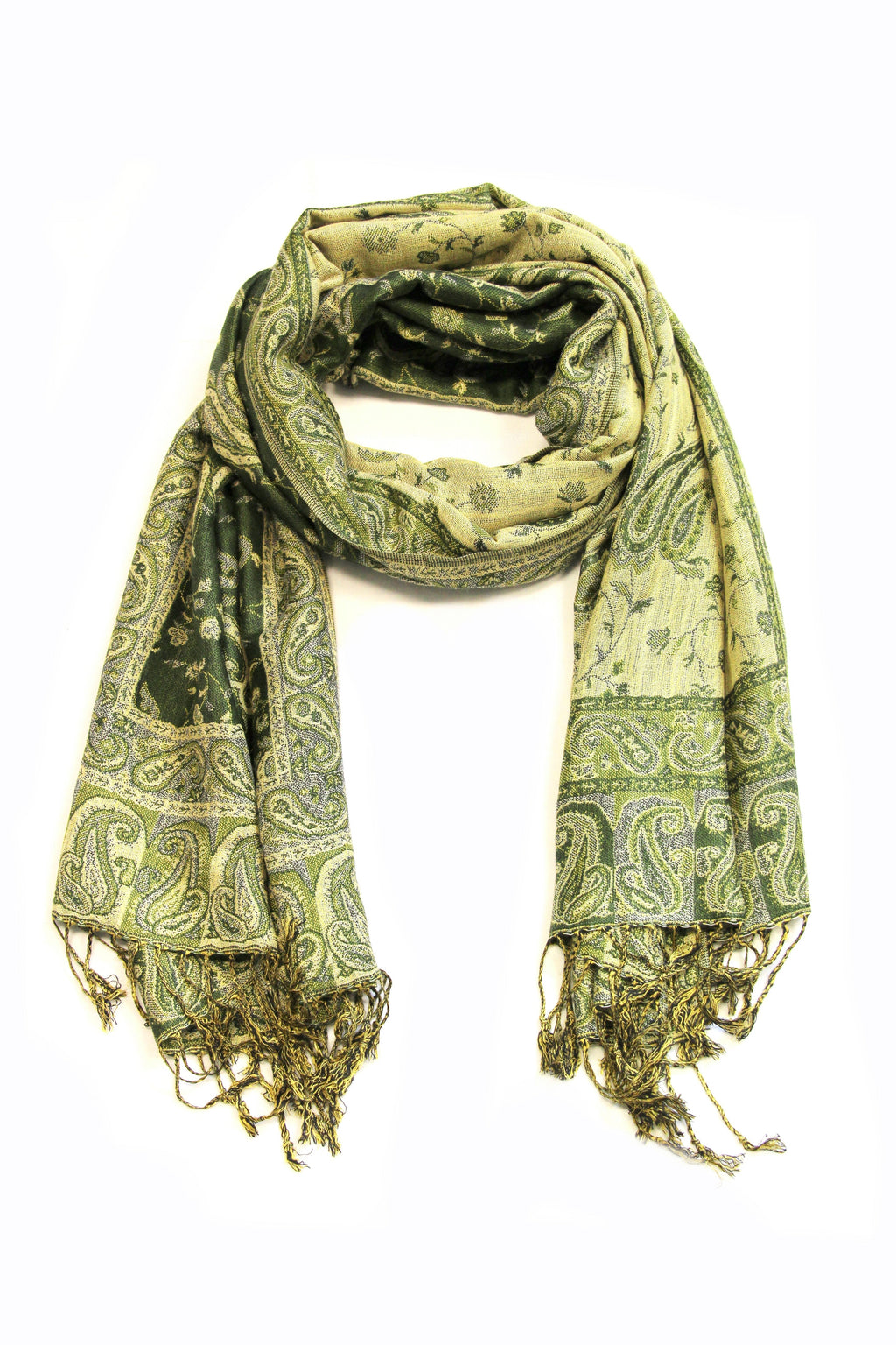 Paisley pashmina shawl in light green with gold pattern and fringed ends
