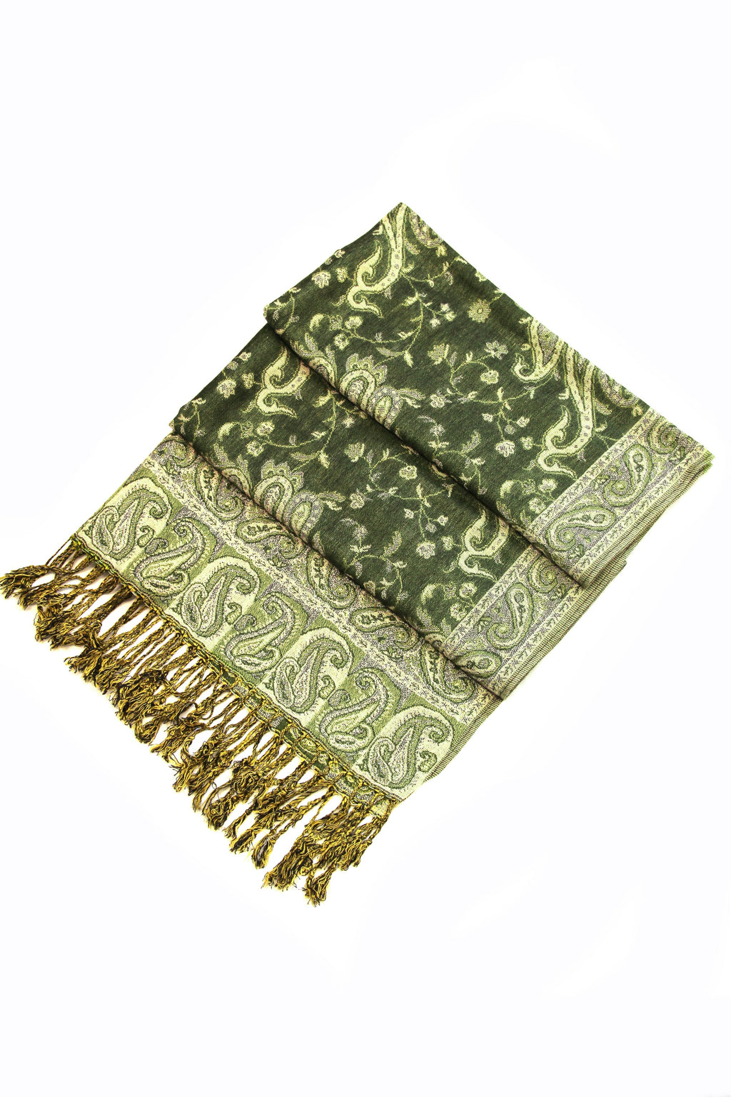 Paisley pashmina shawl in dark green with light gold detailing and fringe