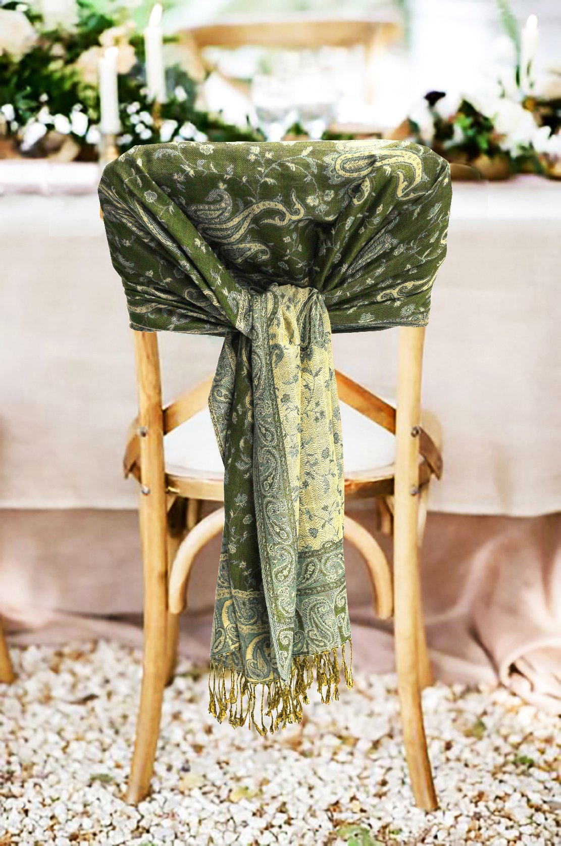 Paisley pashmina shawl in green with gold paisley pattern and fringed ends