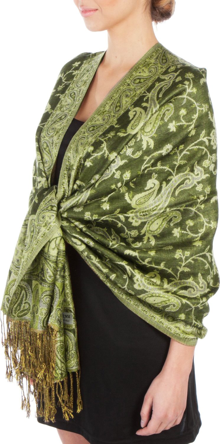 Paisley pashmina shawl in olive green with gold accents and fringed ends