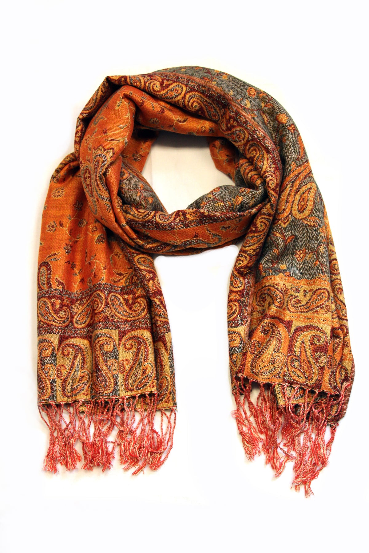 Paisley pashmina shawl in rust orange with gold accents and red fringed ends