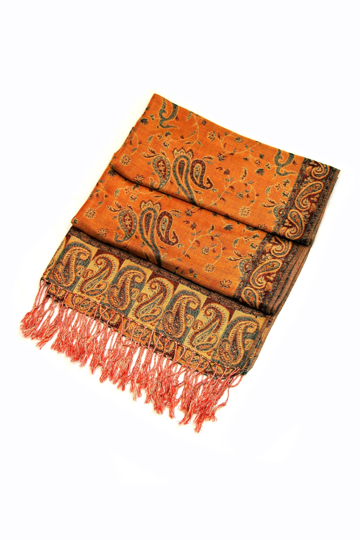 Orange paisley pashmina shawl with ornate scroll pattern and gold-tone fringe edges