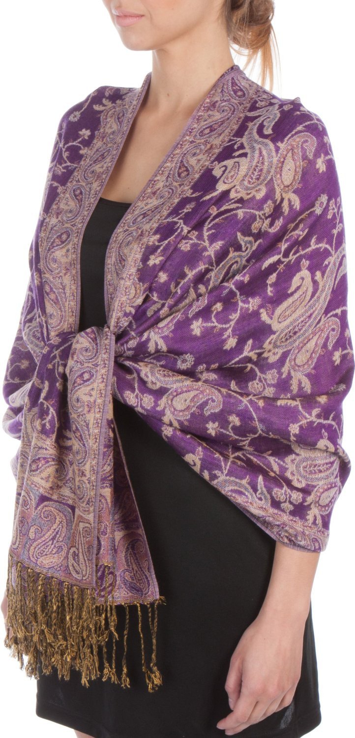 Purple paisley jacquard pashmina shawl with gold accent fringe trim, draped