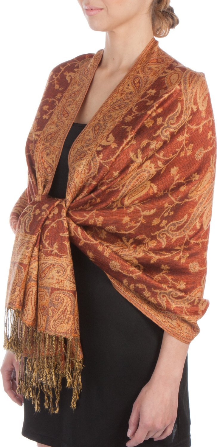 Double-layer jacquard paisley pashmina shawl in rust brown with gold fringe trim