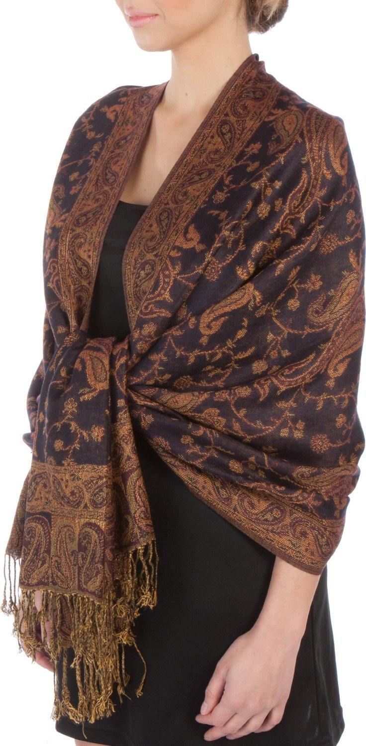 Double-layer jacquard paisley pashmina shawl in dark navy with gold fringe ends