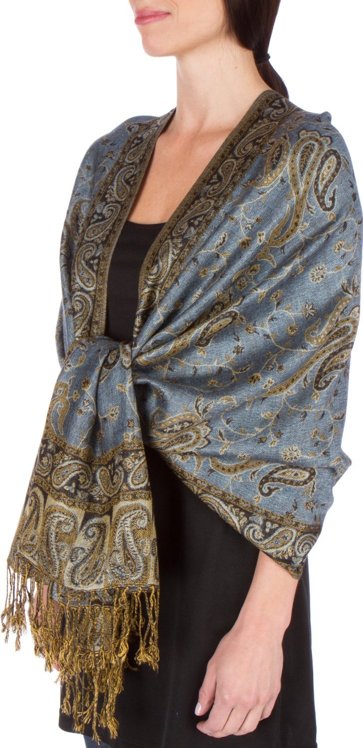 Double-layer jacquard paisley pashmina shawl in steel blue with gold fringe ends