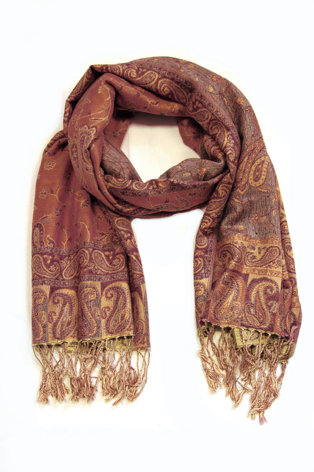 Burgundy jacquard paisley pashmina shawl with fringe trim and gold-toned pattern