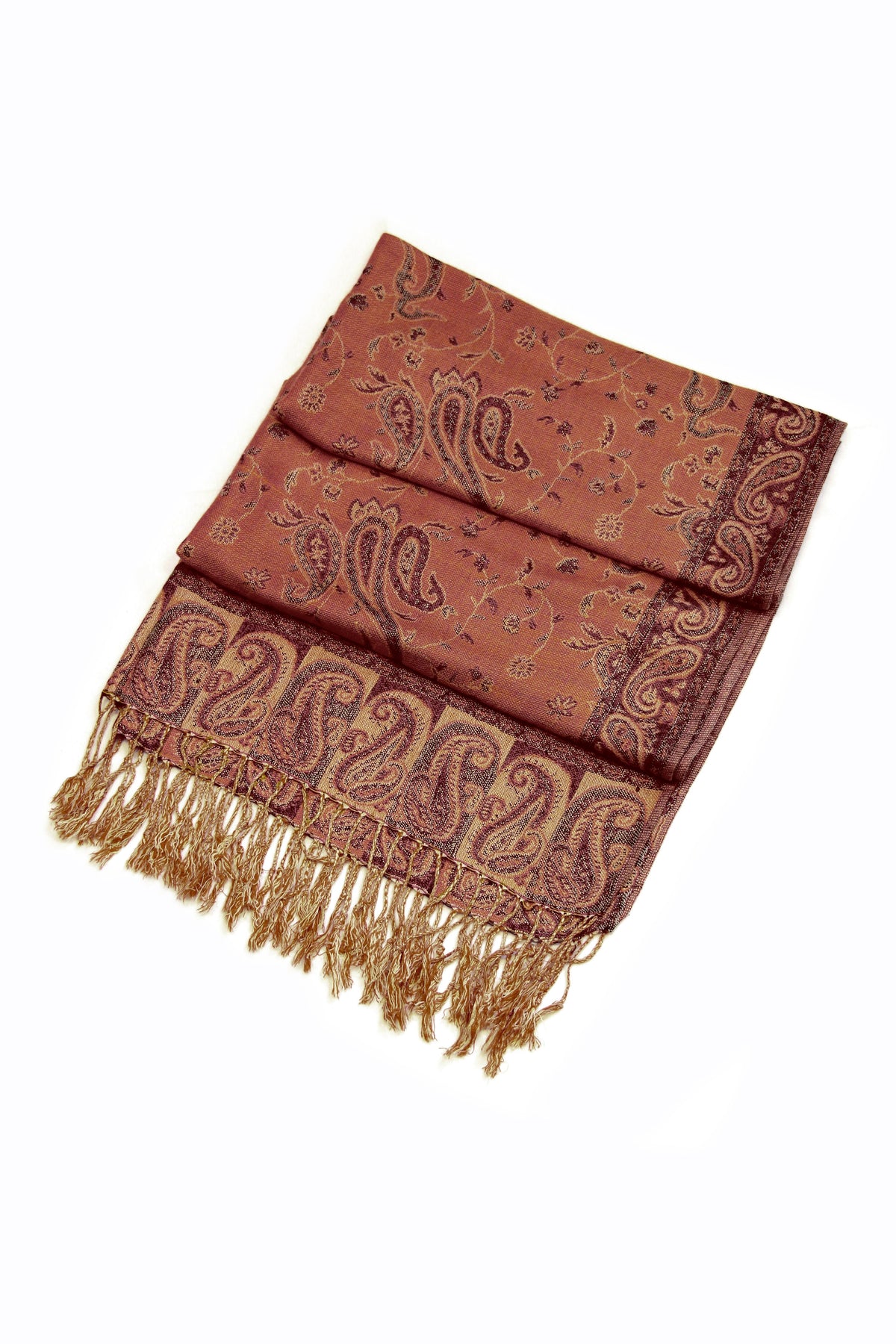Rust terracotta jacquard paisley pashmina shawl with gold fringe along the hem