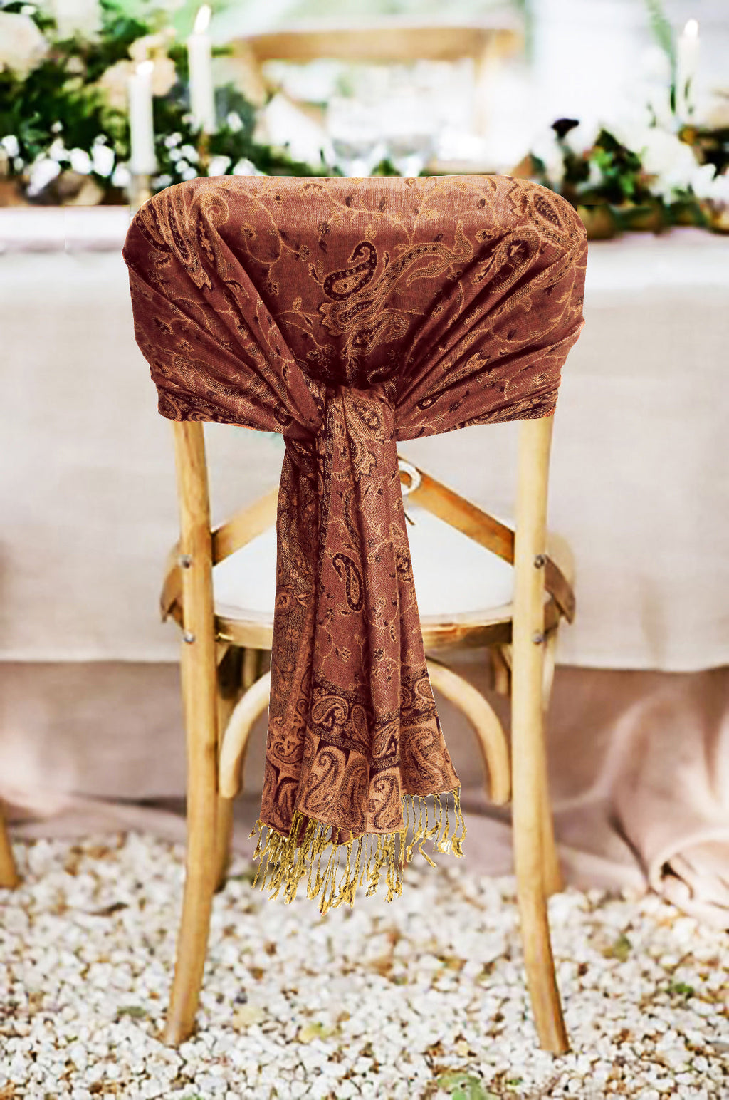 Deep rust-brown paisley pashmina shawl with decorative gold fringe