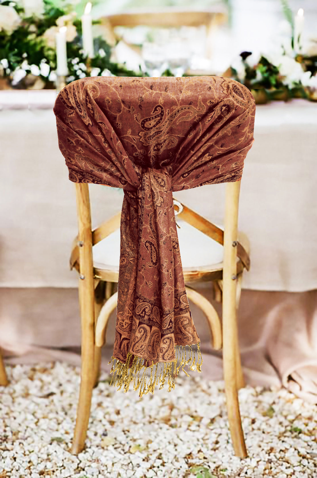 Deep rust-brown paisley pashmina shawl with decorative gold fringe