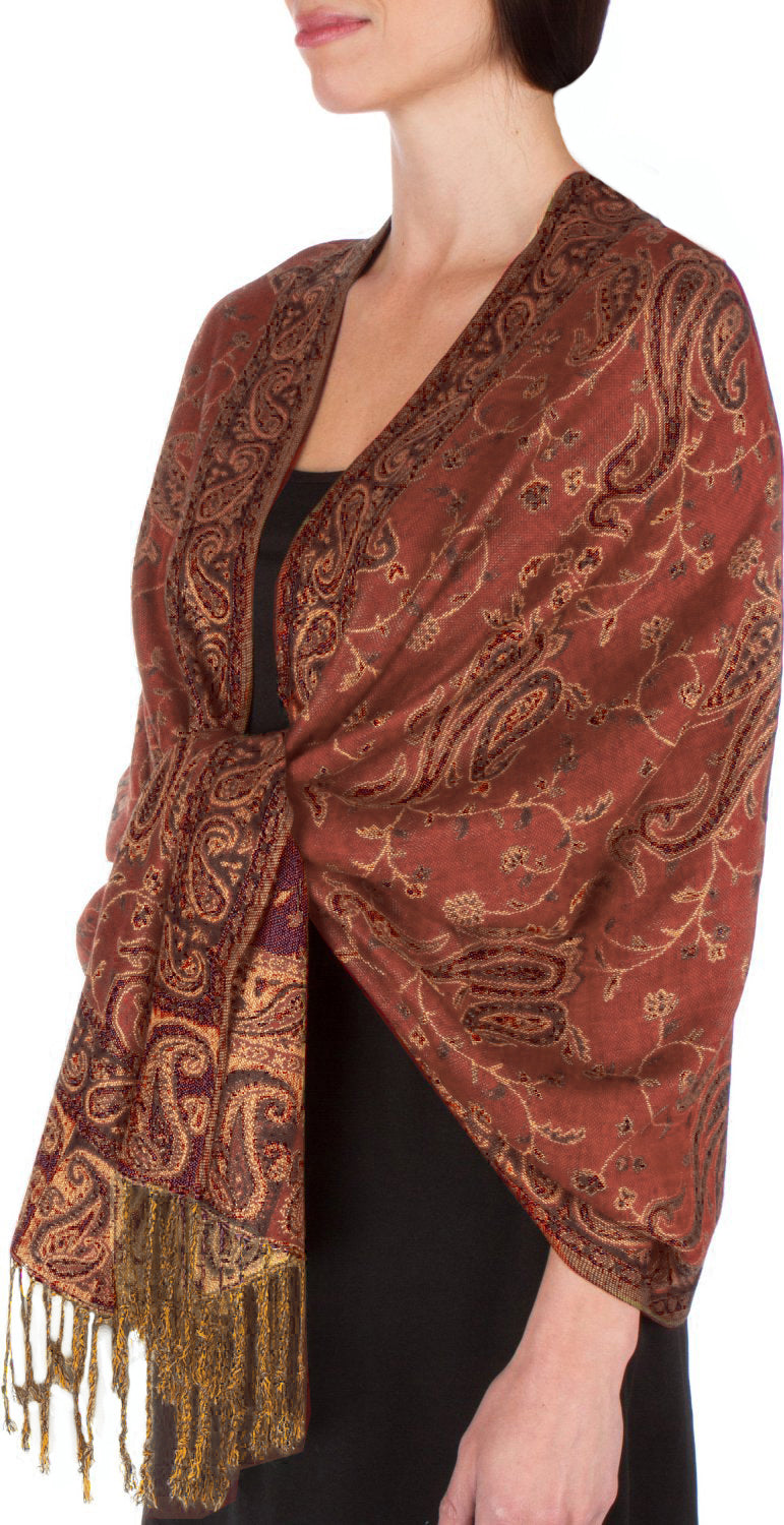 Rust-brown jacquard paisley pashmina shawl with fringed ends and gold accents