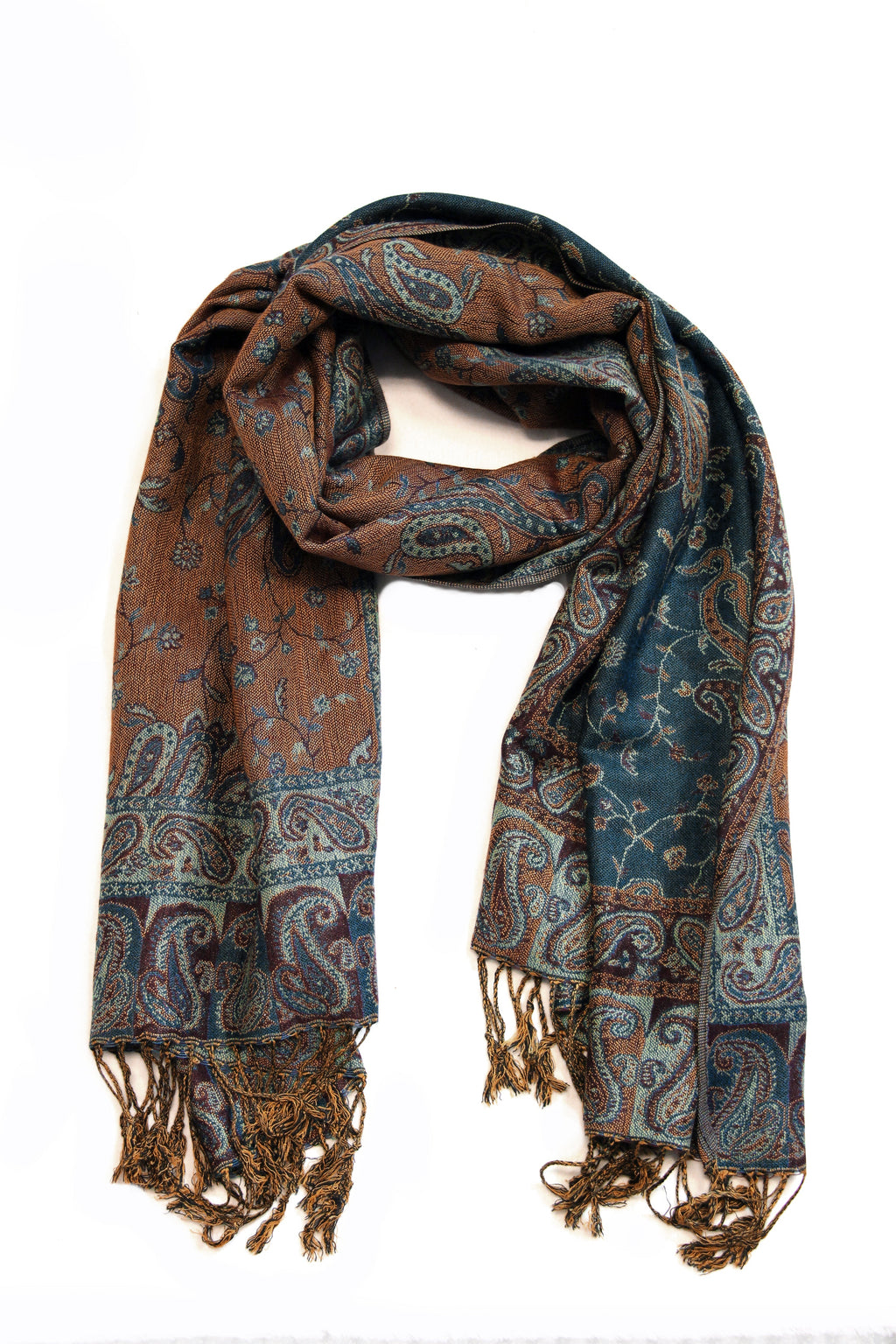 Brown and teal jacquard paisley pashmina shawl with gold-toned fringe ends