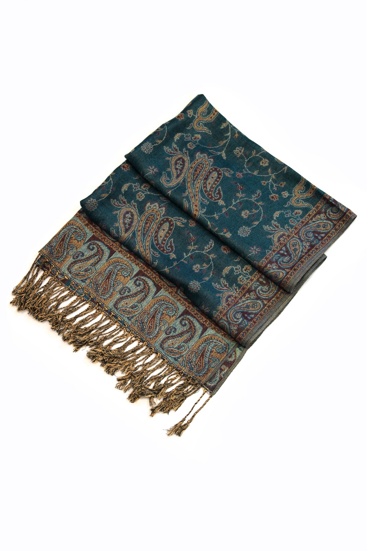 Deep teal jacquard paisley pashmina wrap with gold fringe and decorative border