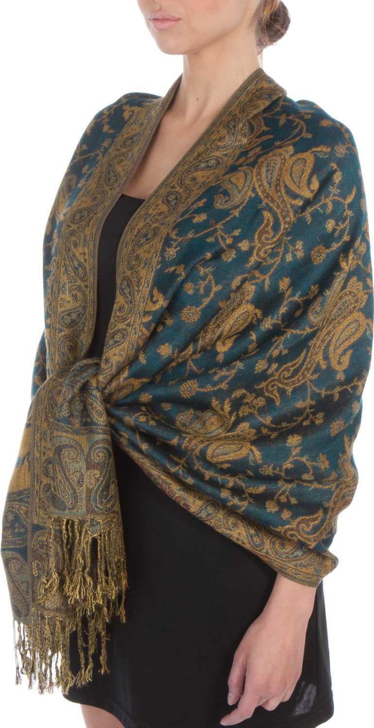 Teal and dark blue jacquard paisley pashmina shawl with gold fringe