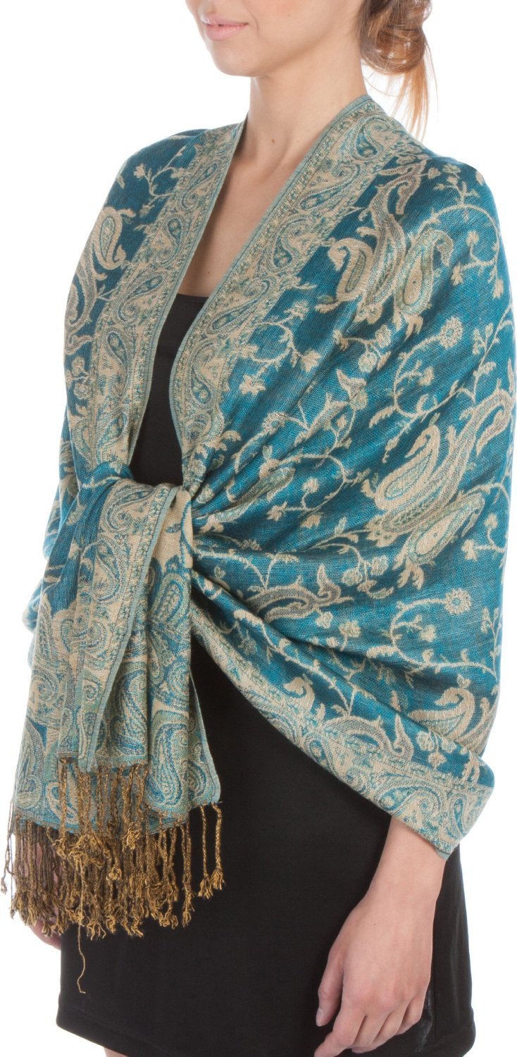 Teal paisley pashmina shawl/wrap with long fringe, worn over a black top