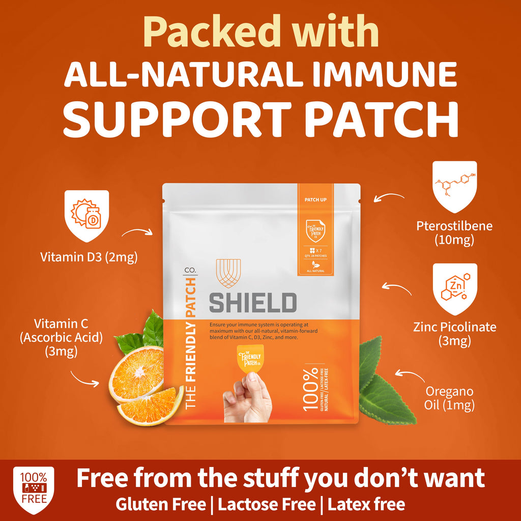 Immune support patch pack card with Shield patch variety and vitamin label