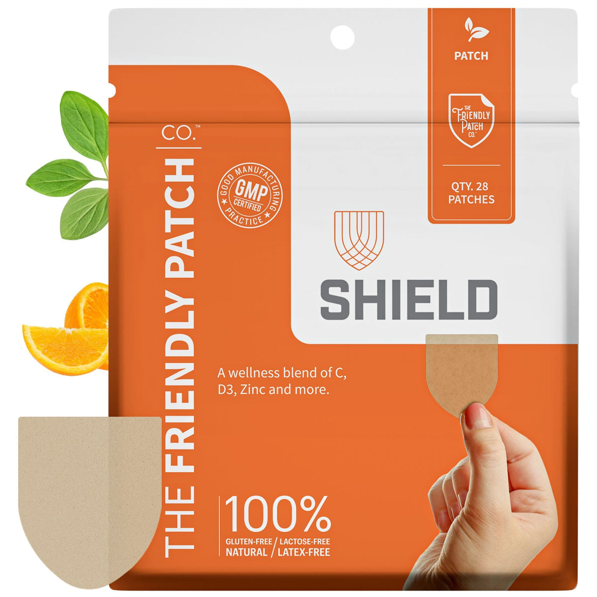Immunity wellness patch pack, orange and white pouch with Shield patch label