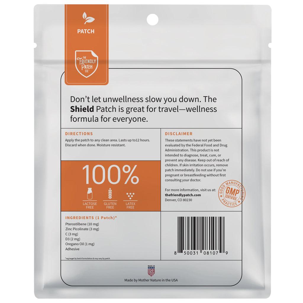 Immunity patch pack back with directions, ingredients panel, and barcode