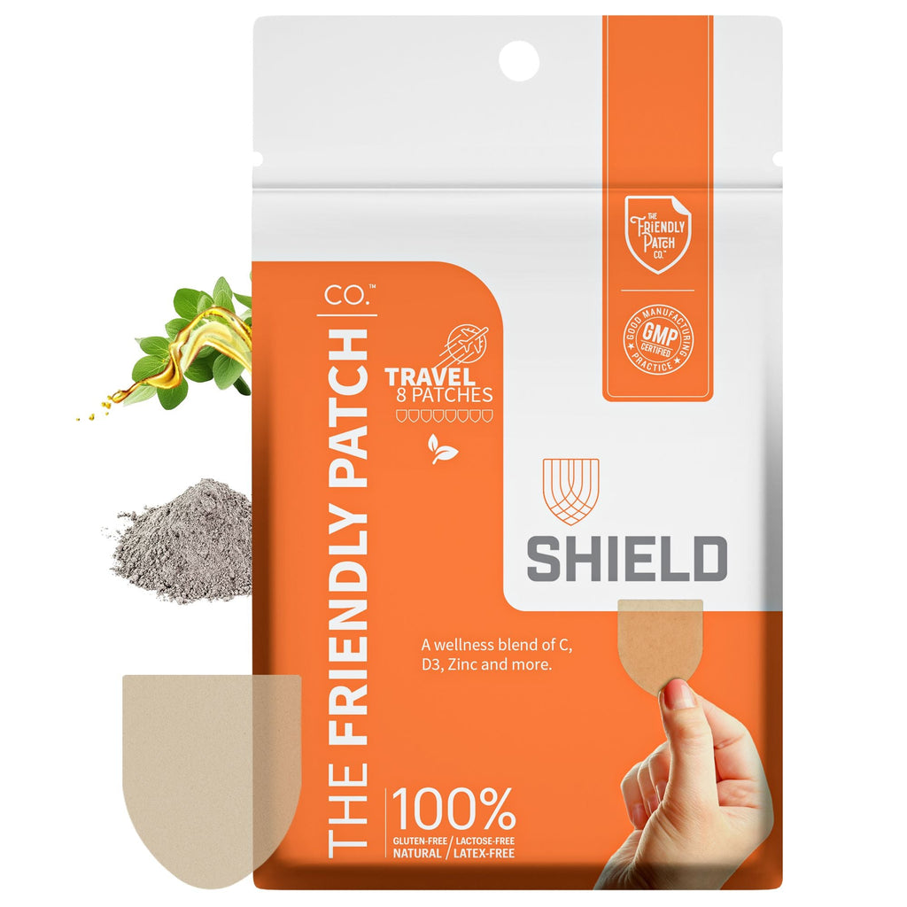 Shield Wellness immunity patches pouch, orange and white, for travel, 8-pack