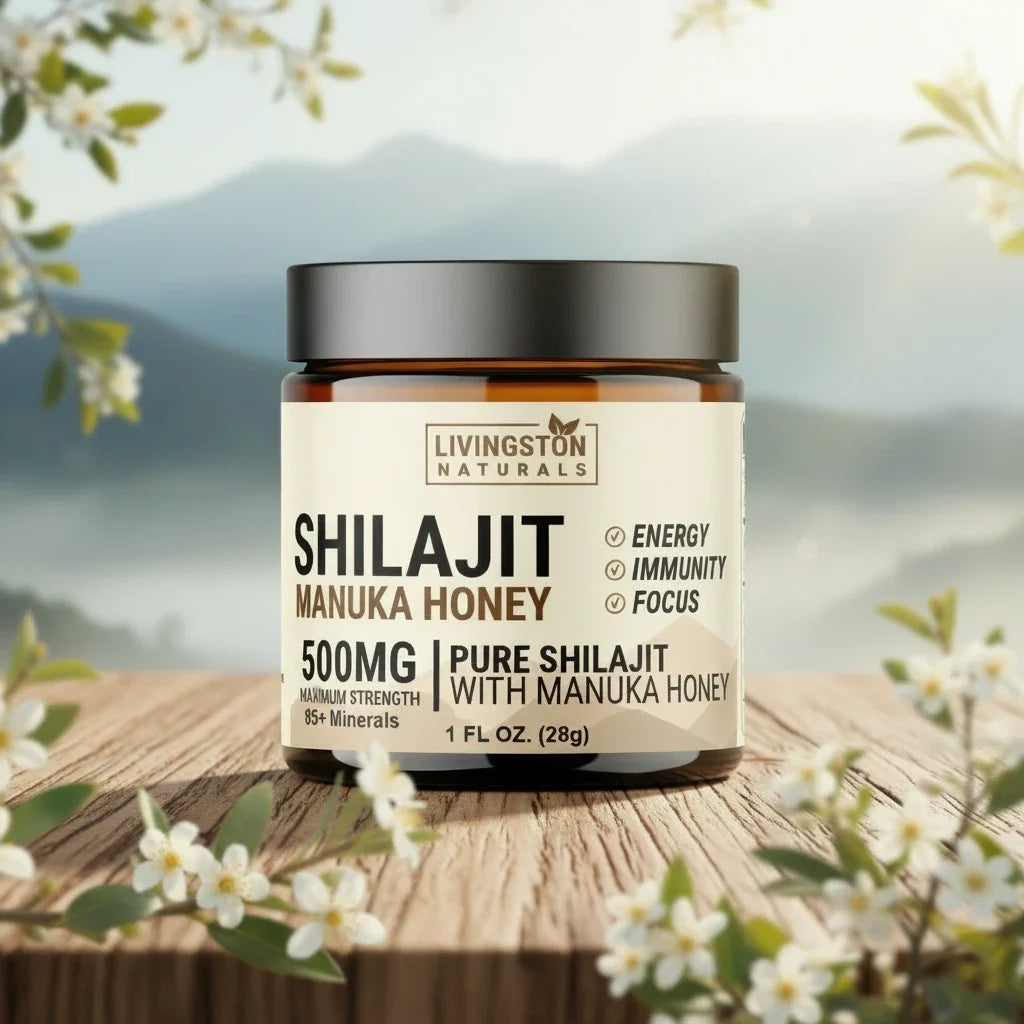 Shilajit resin with Manuka honey in an amber jar with a black lid