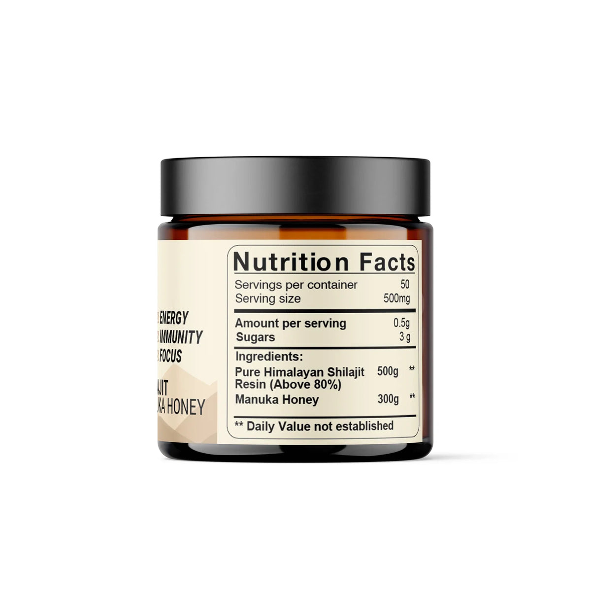Shilajit resin and Manuka honey jar showing nutrition facts and ingredients