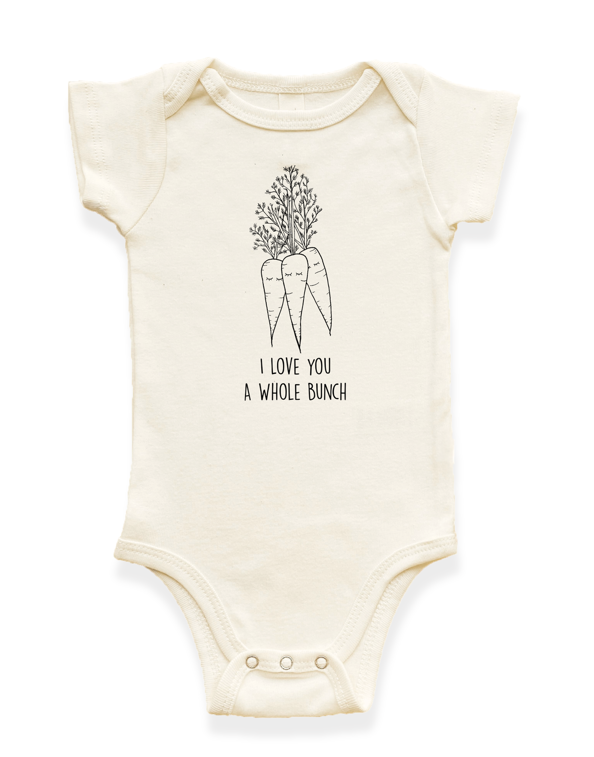 Cream baby bodysuit with front figures, tree, and "whole bunch" quote graphic.
