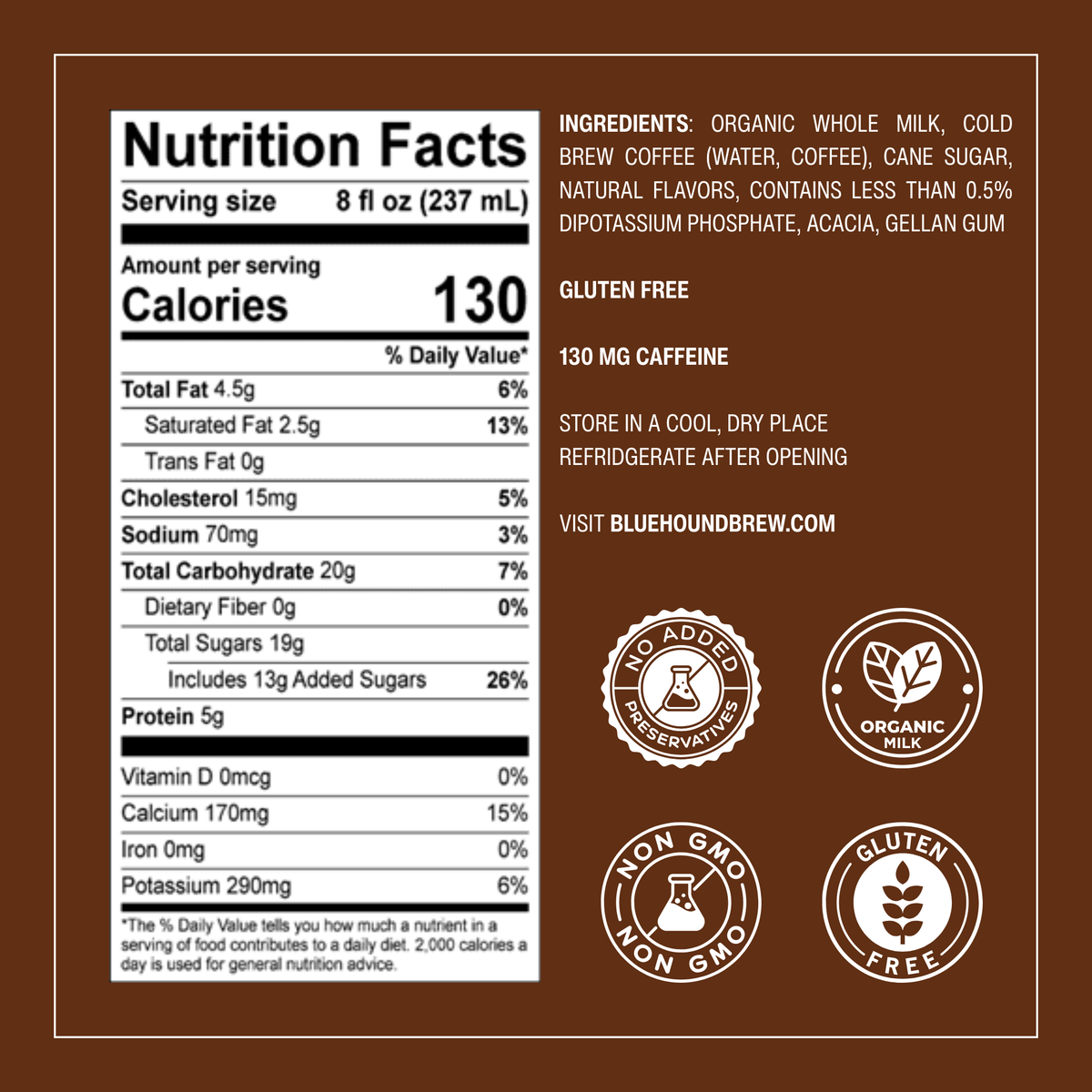Nutrition Facts label for bottled latte: 8 fl oz serving, 130 calories, gluten free.