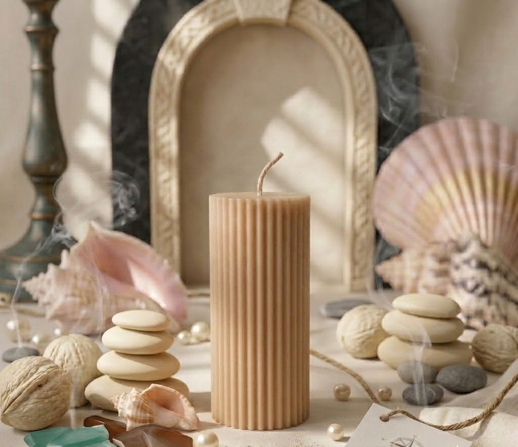 Cream ribbed pillar sculpture candle with a straight wick