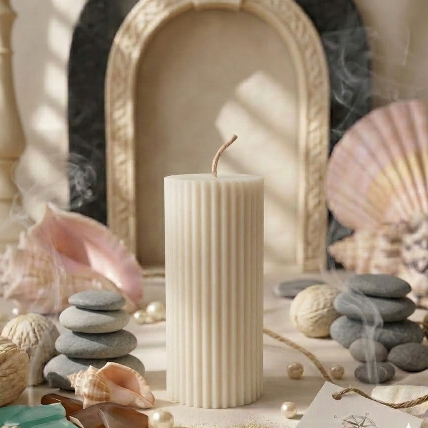 Ivory ribbed pillar sculpture candle with a centered wick