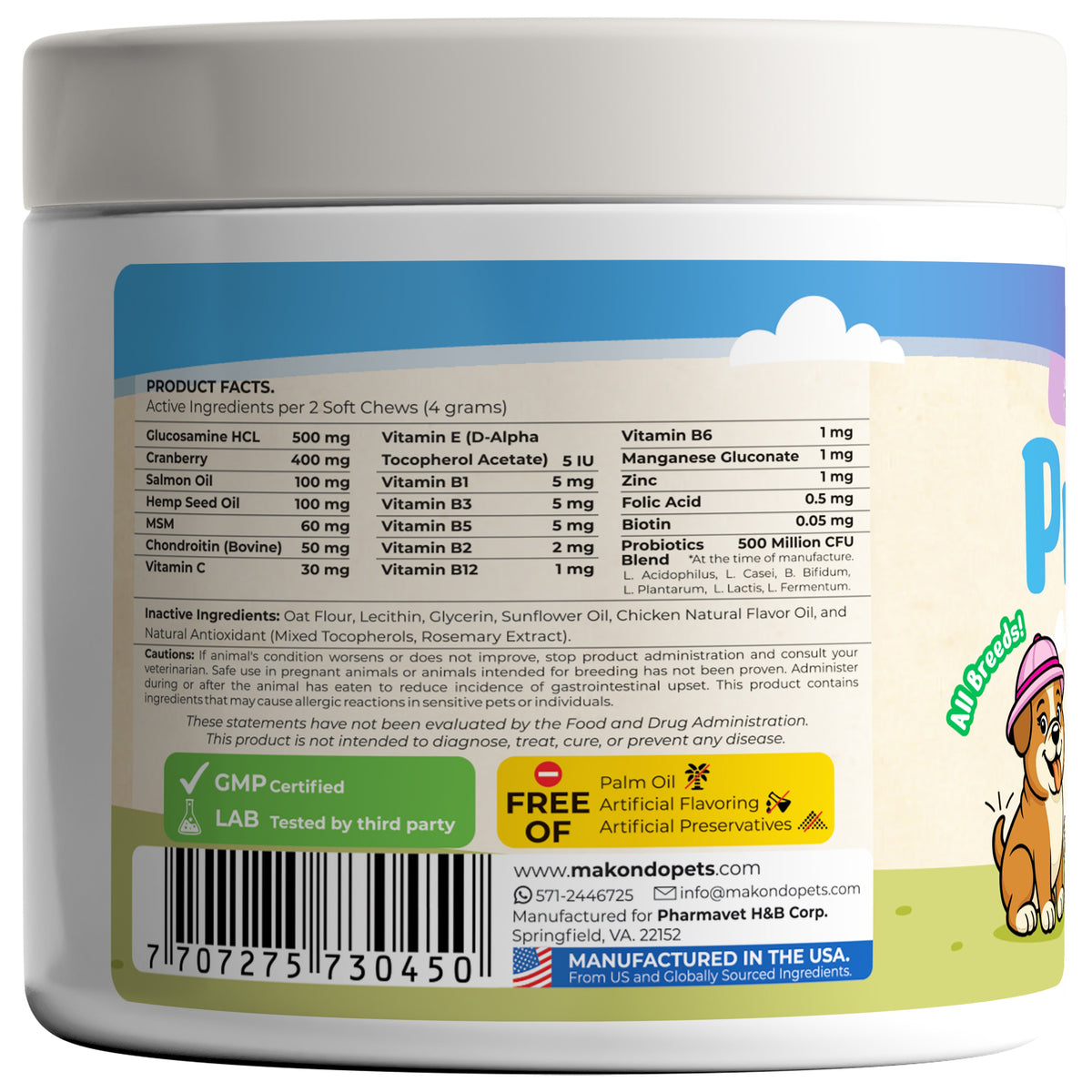 Dog prenatal vitamin soft chew bottle, blue facts label with supplement ingredients list