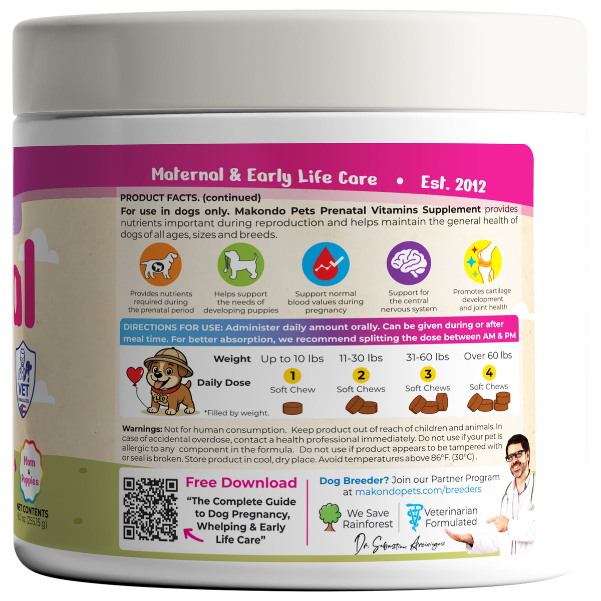 Dog prenatal vitamin soft chew bottle, back label with directions, dosage, and QR code