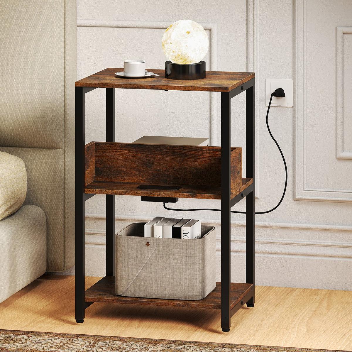 Side End Table with Charging Station and Open Shelves-Rustic Brown