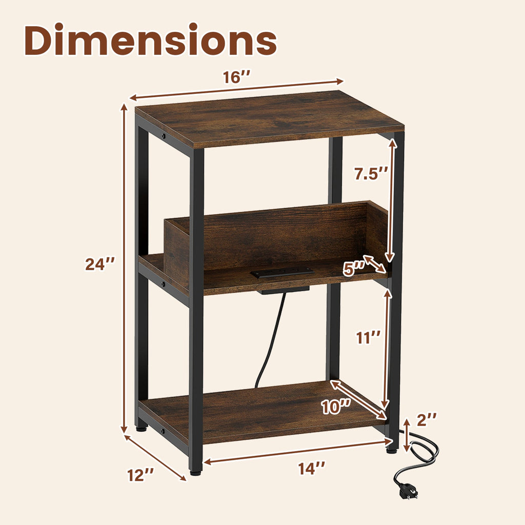 Side End Table with Charging Station and Open Shelves-Rustic Brown