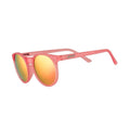 Pink cat-eye style sunglasses with rainbow mirrored lenses and side logo