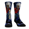 Crew socks with wolf cartoon graphic, red and blue pattern, black toe and heel
