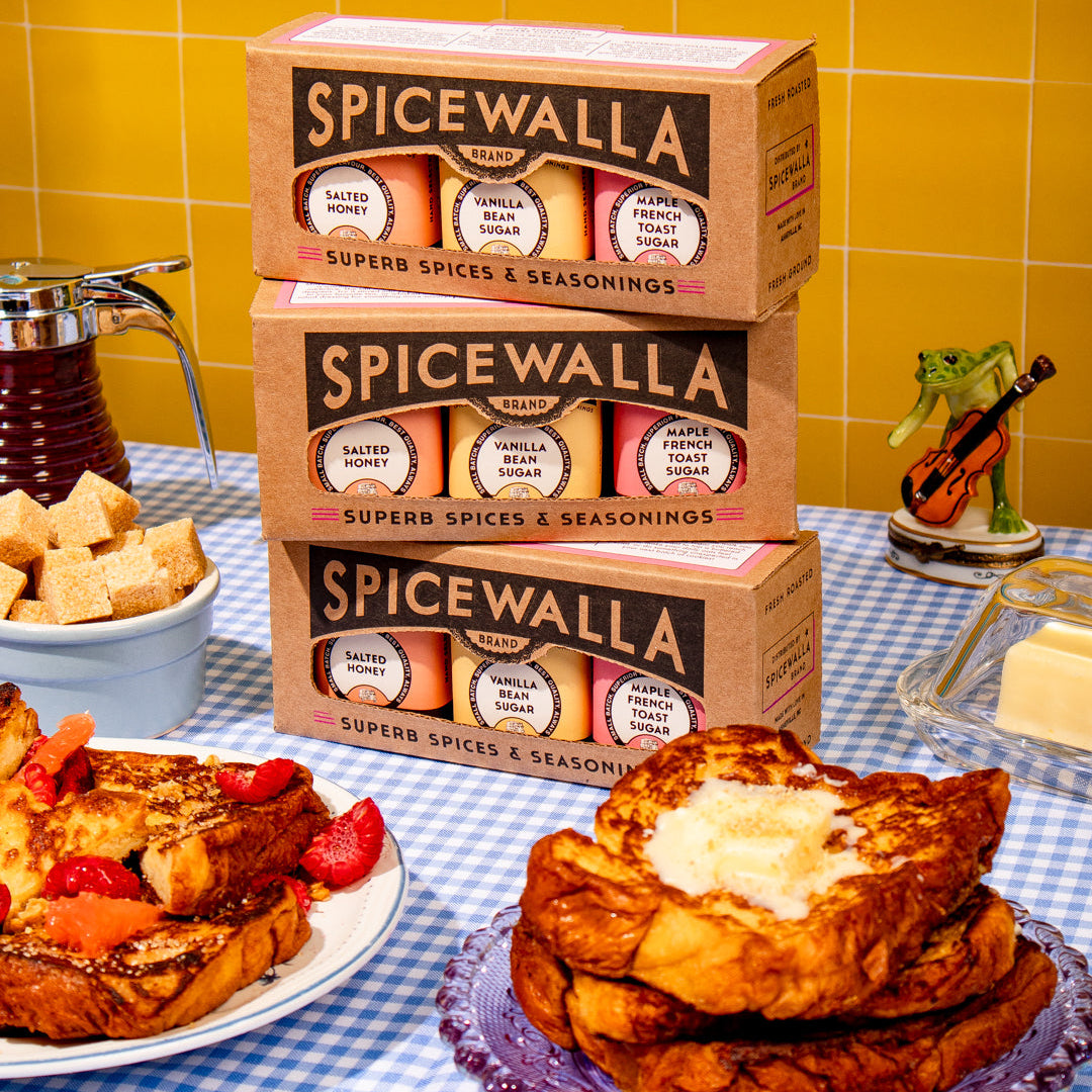 Stack of three Spicewalla signature sugar collection seasoning boxes