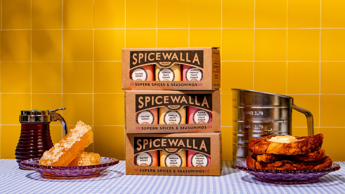 Three Spicewalla signature sugar collection seasoning boxes on display