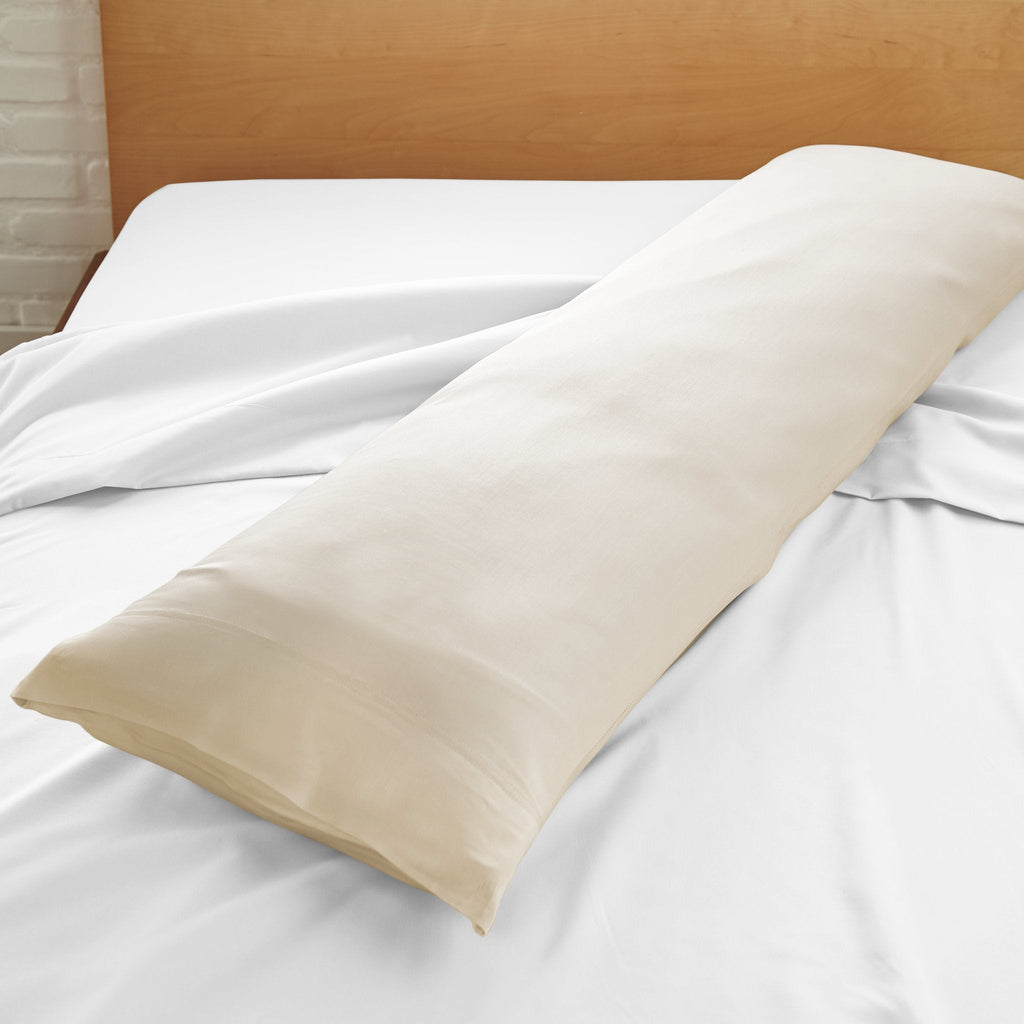 Cooling bamboo body pillowcase in ivory beige, angled view with end flap visible.