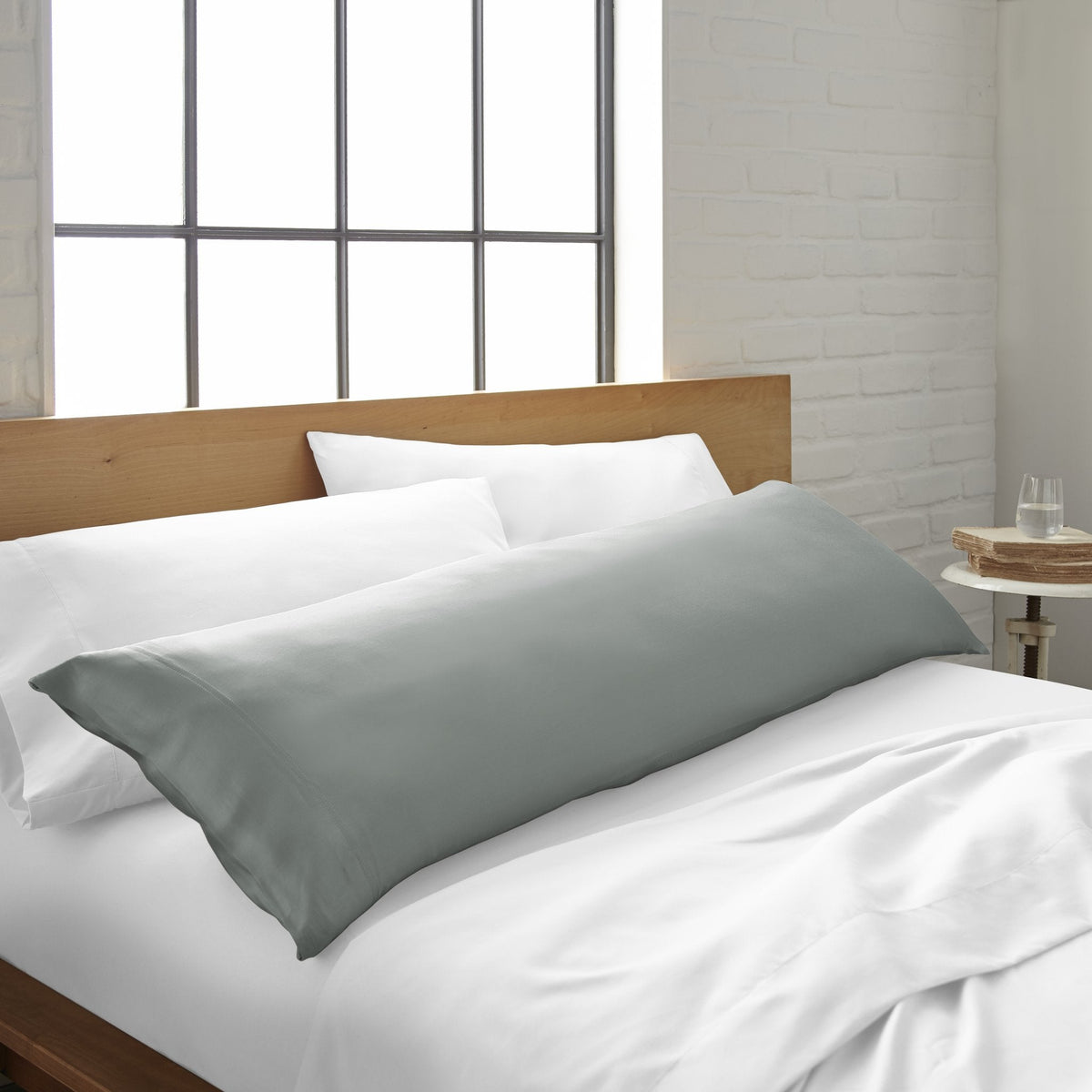Cooling bamboo body pillowcase in slate gray-green, long shape with envelope closure.
