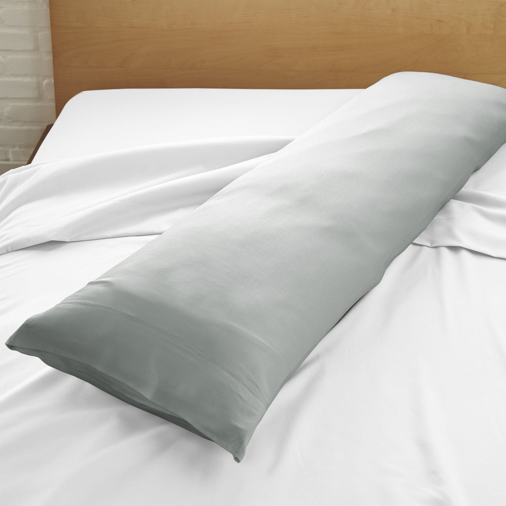 Cooling bamboo body pillowcase in slate gray-green, close-up with smooth seams.