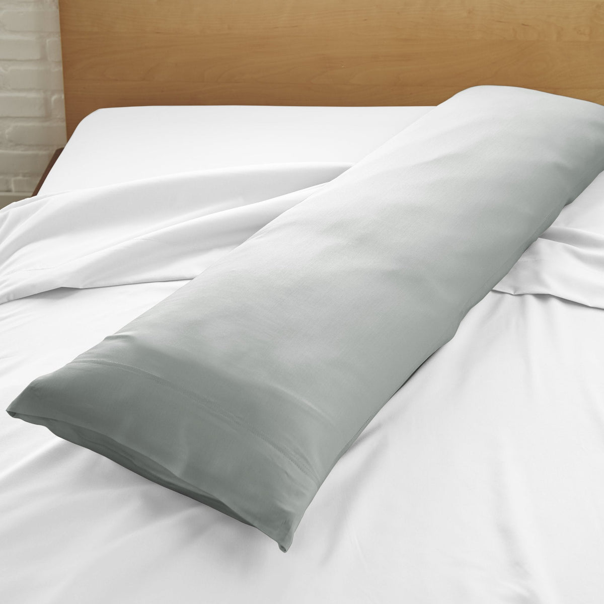 Cooling bamboo body pillowcase in slate gray-green, close-up with smooth seams.