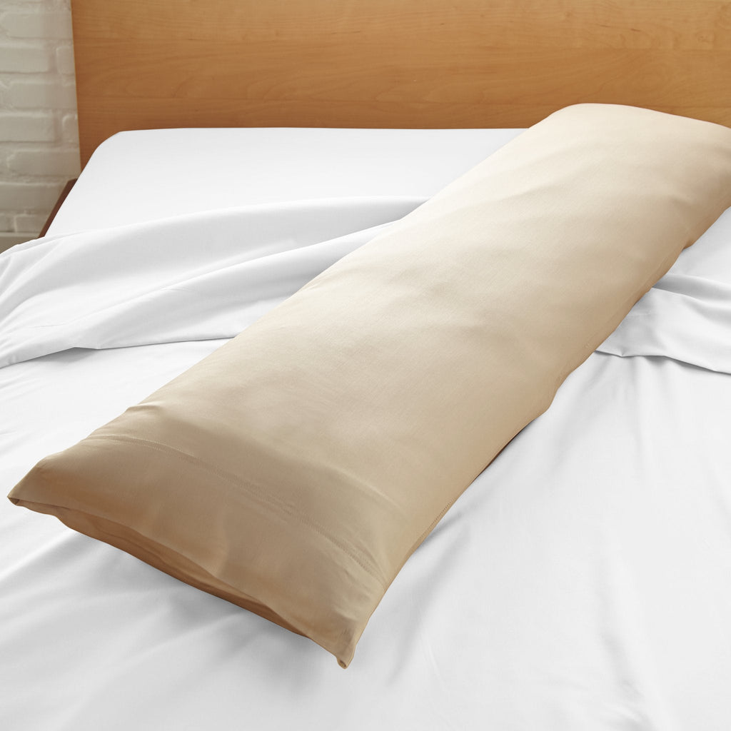 Cooling bamboo body pillowcase in taupe beige, close-up of soft fabric texture.