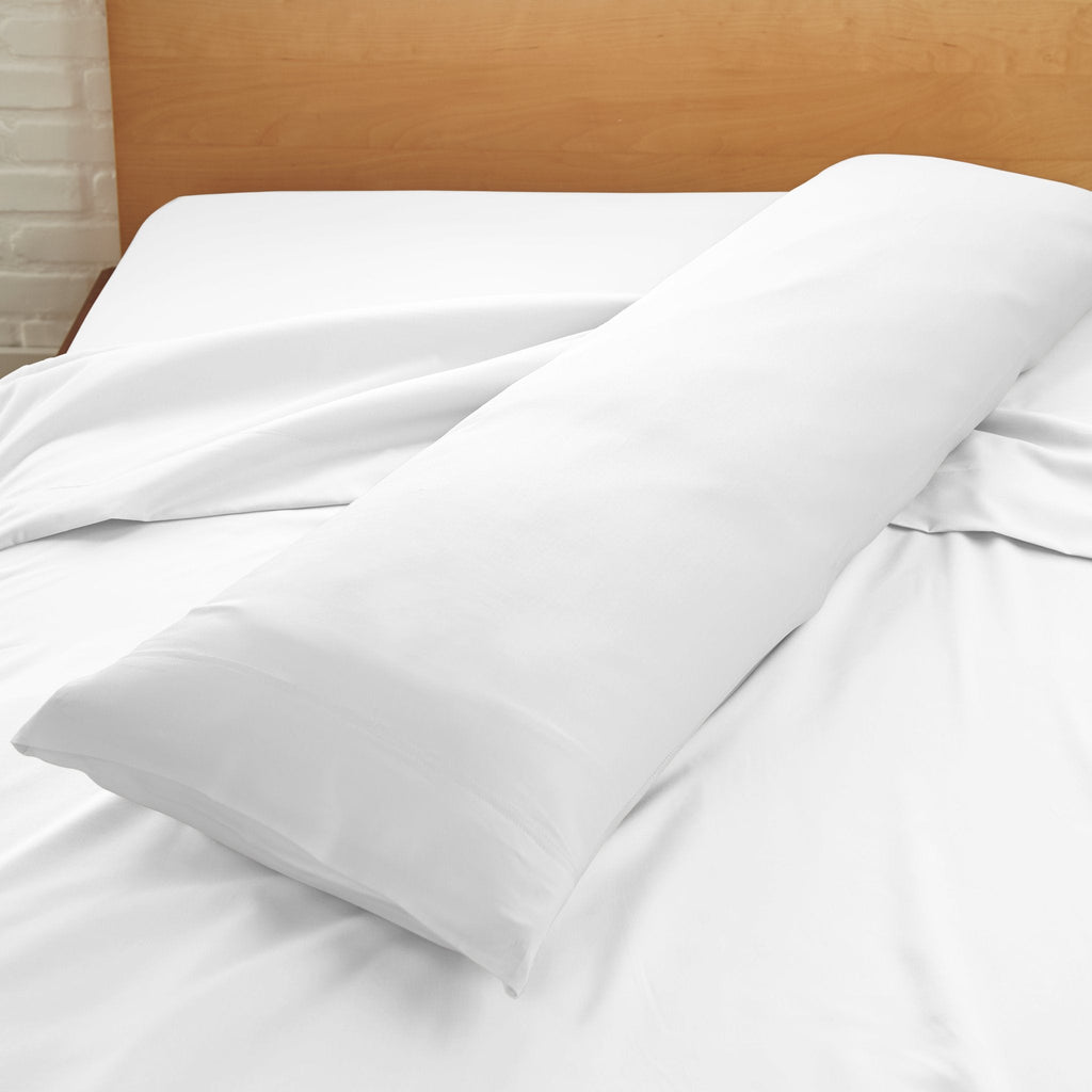 Cooling bamboo body pillowcase in white, close-up of smooth fabric and seams.
