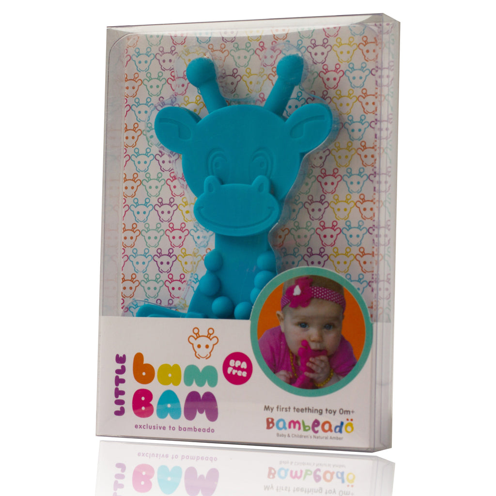 Cyan giraffe teething toy shown in retail box