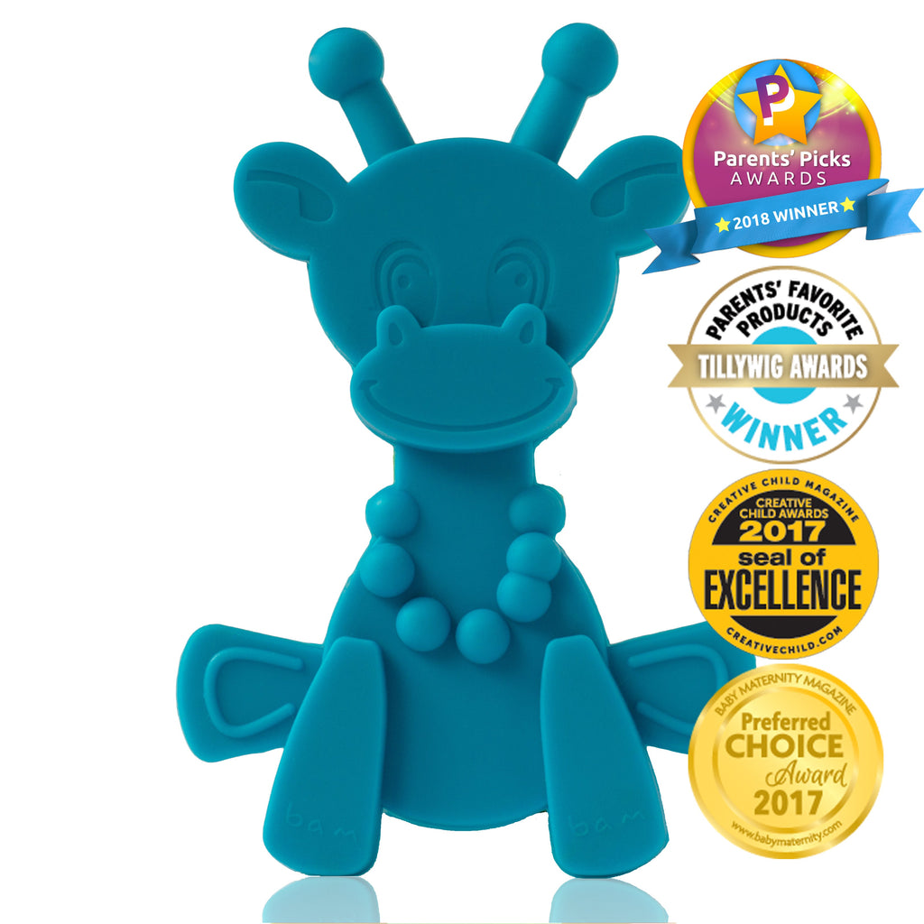 Cyan giraffe-shaped baby teether with two horn handles and textured body