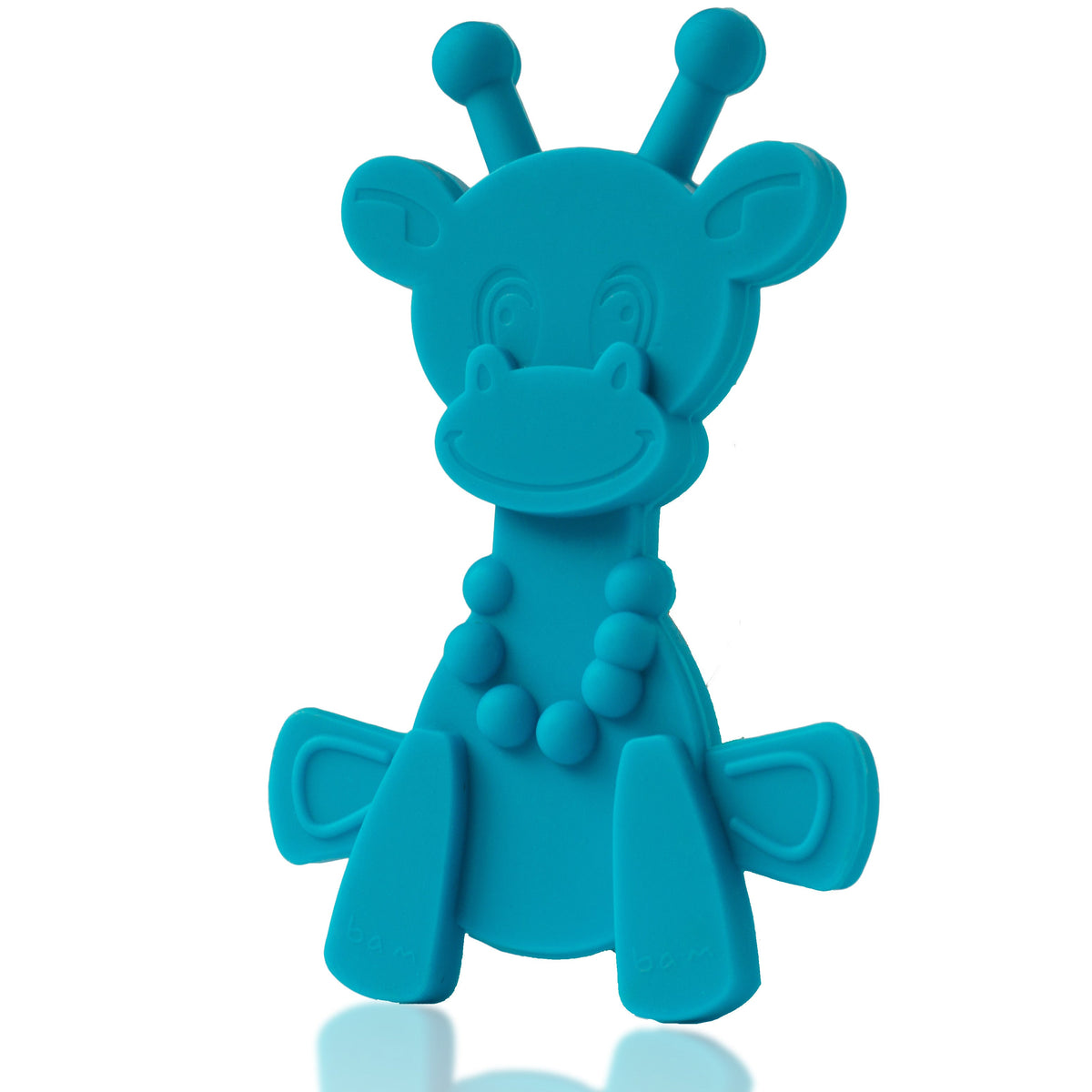 Cyan baby teething toy shaped like a giraffe with textured nubs