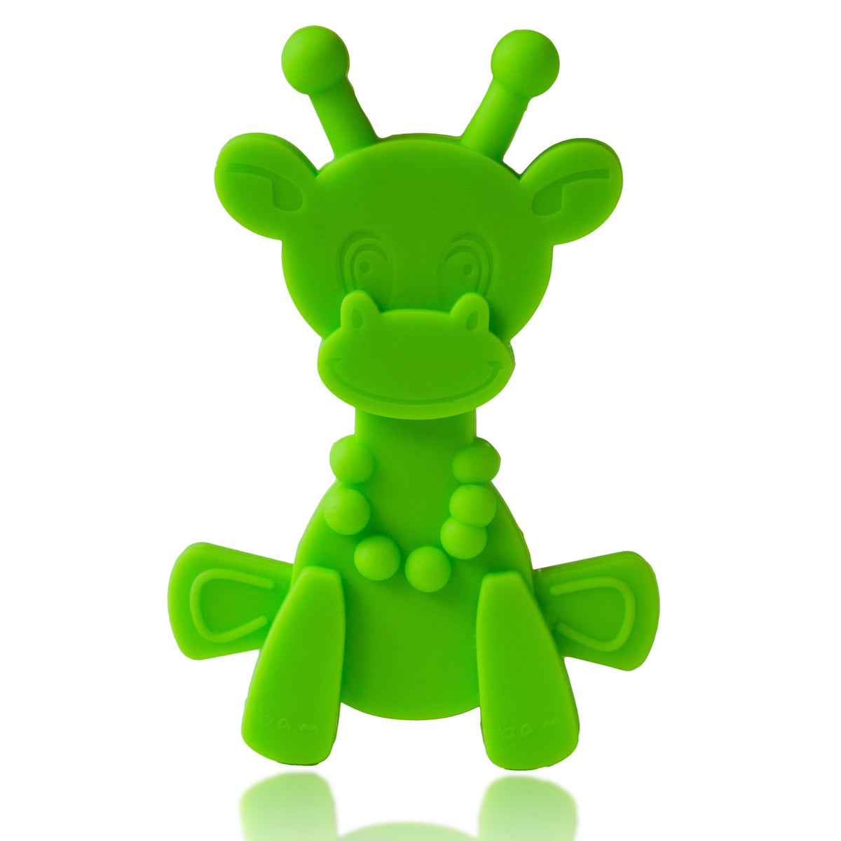 Lime green giraffe-shaped baby teething toy, full body front view